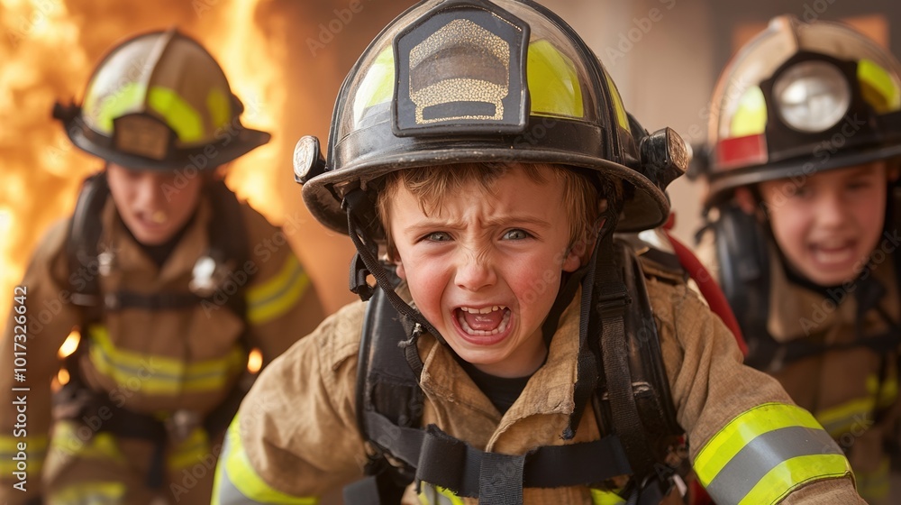 Young firefighter in action, displaying determination amidst flames. Young firefighter in action, displaying determination amidst flames.