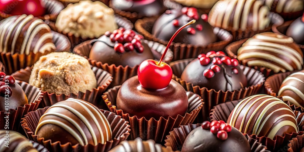 A delectable assortment of artisan chocolates, each a miniature masterpiece of flavor and artistry, with one adorned with a vibrant red cherry, capturing the essence of indulgence. A delectable assortment of artisan chocolates, each a miniature masterpiece of flavor and artistry, with one adorned with a vibrant red cherry, capturing the essence of indulgence.