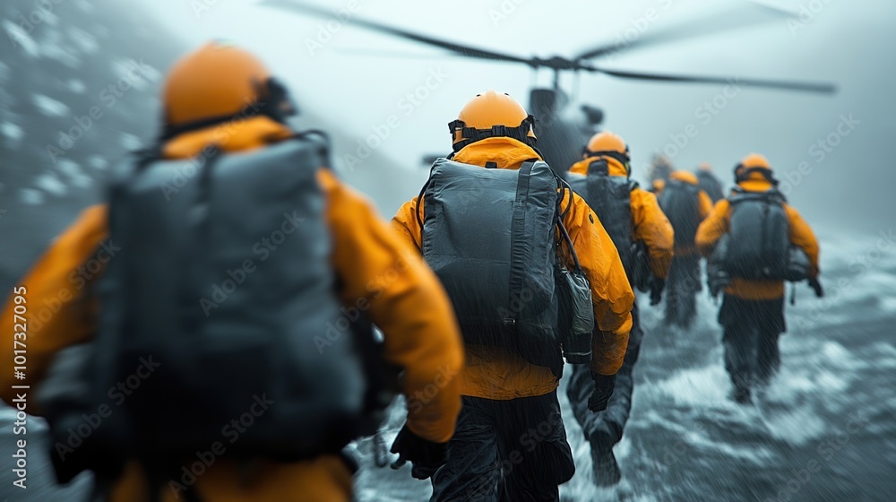 Rescue workers in orange gear walking through fog toward helicopter. Rescue workers in orange gear walking through fog toward helicopter.