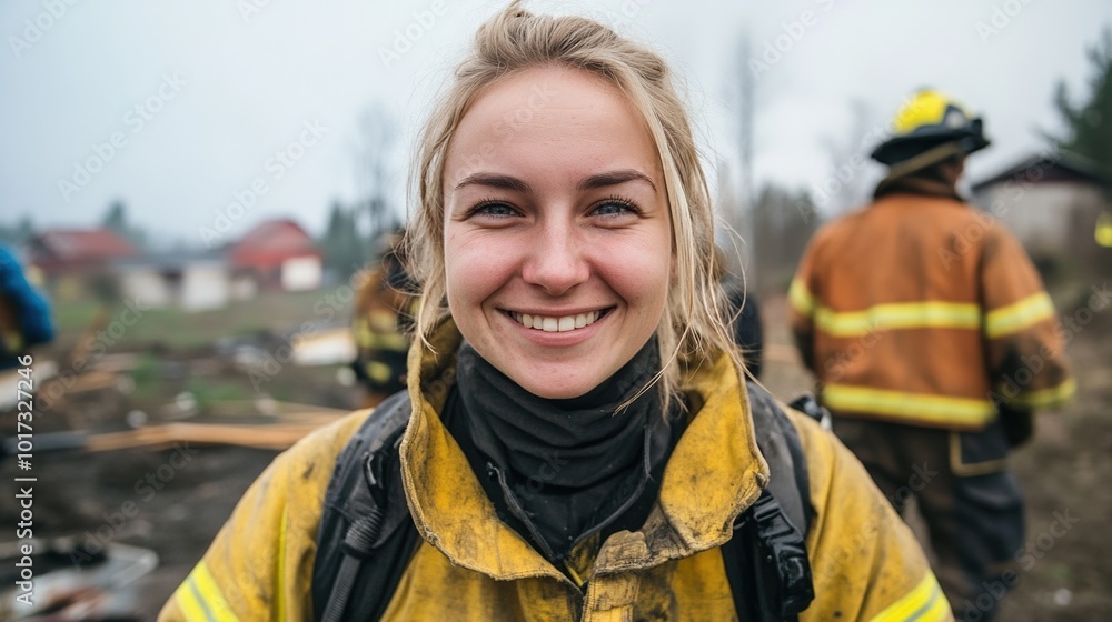 Smiling firefighter in gear, standing confidently in a field of action. Smiling firefighter in gear, standing confidently in a field of action.