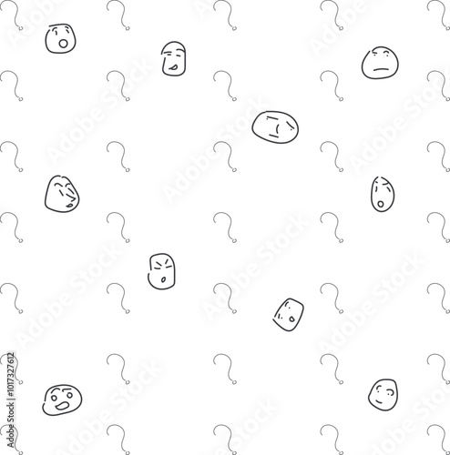 Between the rows of question marks there are cartoonish surprised and thoughtful faces.