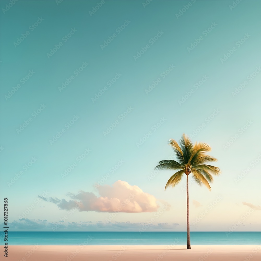 Fototapeta premium Tranquil Sunset Over Peaceful Beach with Single Palm Tree