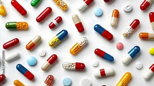 Colorful assortment of pills and capsules on a white background. photo