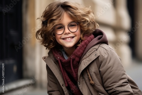 Portrait of a cute little boy wearing eyeglasses and coat