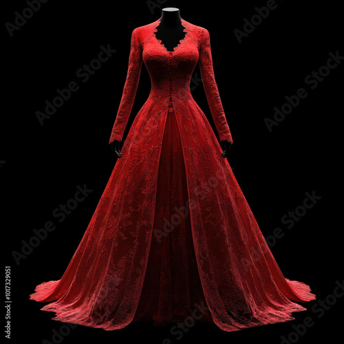 Red gown with long sleeves and a long train, flowing elegantly down a grand staircase, creating a striking contrast against the black and white marble floors.