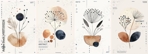 Set of four modern abstract illustrations with plants and flowers, geometric shapes, circles and organic forms on a beige background. Watercolor paintings with earthy tones in a boho style.