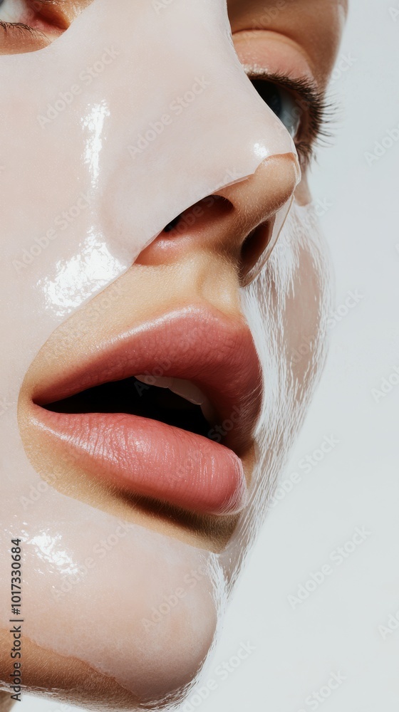 © Aleksandra - A closeup of a woman’s face covered with a hydrating sheet mask, focusing on her dry skin areas, with a clean light studio background, ideal for skincare blogs or products. © Aleksandra - A closeup of a woman’s face covered with a hydrating sheet mask, focusing on her dry skin areas, with a clean light studio background, ideal for skincare blogs or products.