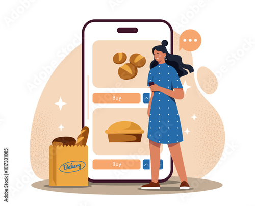 Woman with online bakery. Girl near smartphone with cupcakes and baguettes. Pastry and bakery products. Electronic commerce and home delivery. Flat vector illustration isolated on white background