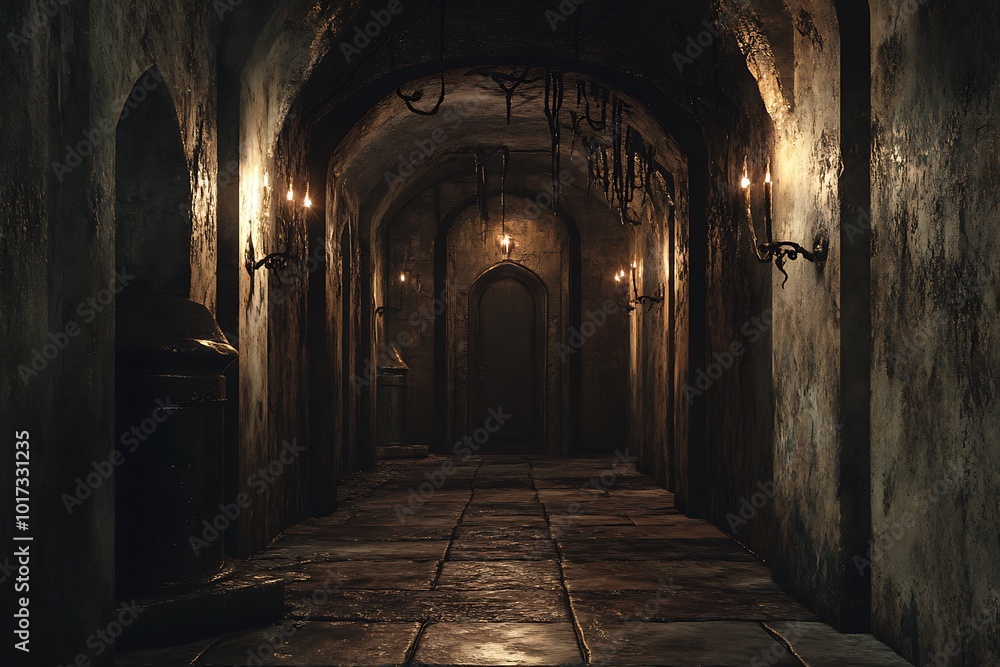 Obraz premium Dark, eerie corridor with flickering candlelight and stone walls.