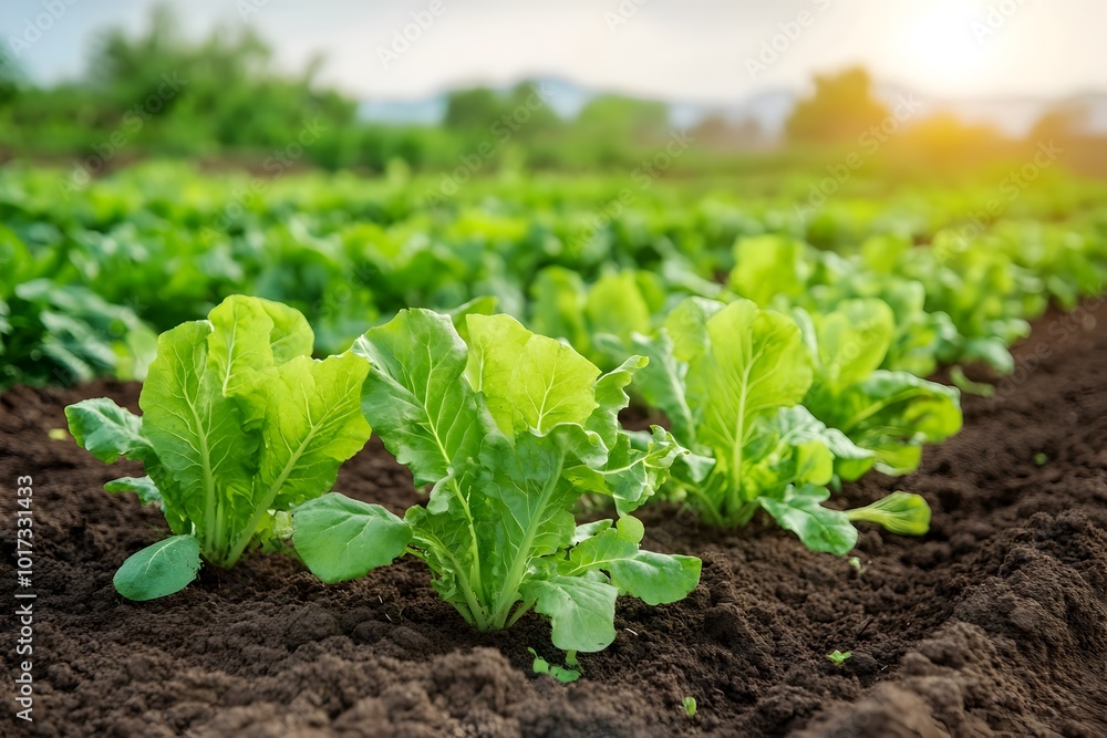 Lush Organic Farm Field with Thriving Vegetable Plants in Eco Friendly Environment Lush Organic Farm Field with Thriving Vegetable Plants in Eco Friendly Environment