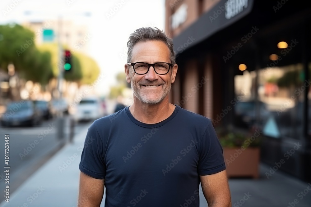 Portrait of a handsome middle-aged man with glasses in a city street. Portrait of a handsome middle-aged man with glasses in a city street.