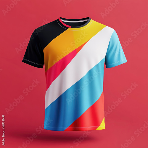 Colorful t-shirt mockup with vibrant stripes and bold hues on a hanger, against a plain white background.