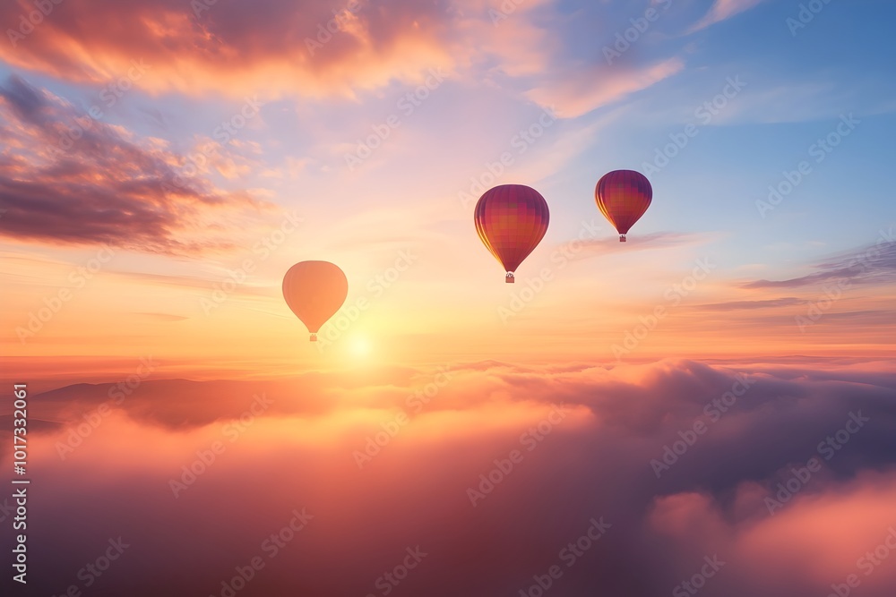 Obraz premium Breathtaking aerial perspective showcasing hot air balloons drifting gracefully across a dramatic,fiery sunset sky filled with vibrant colors and wispy clouds. This captivating.