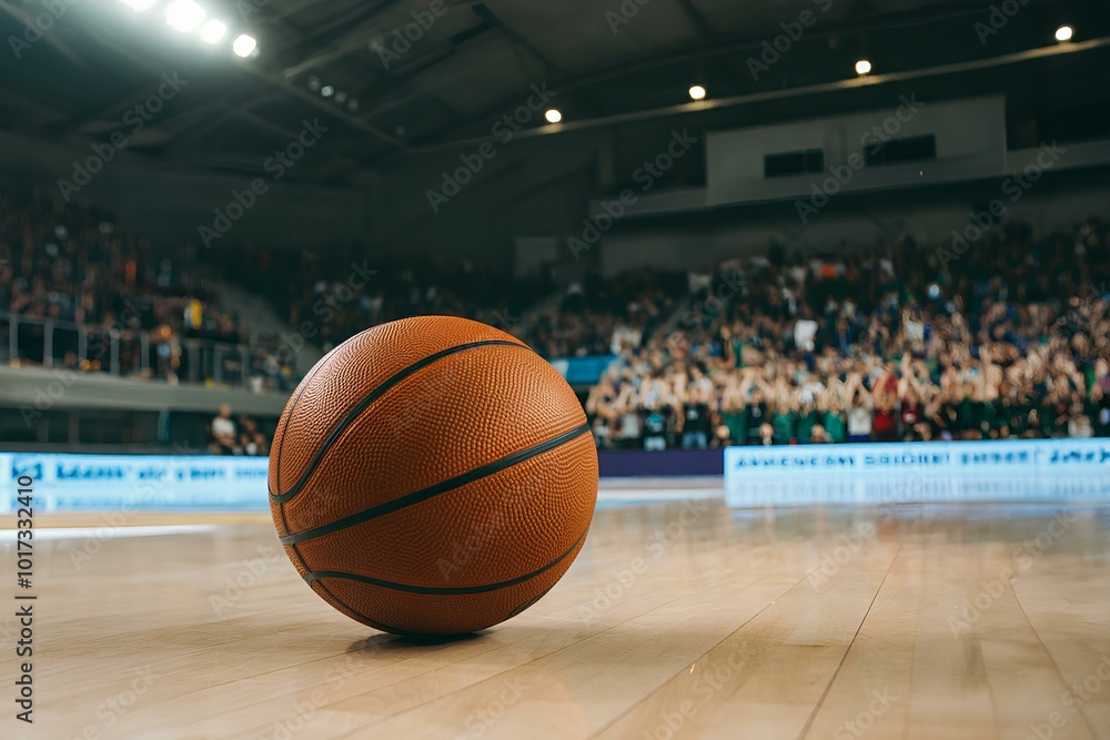 Closeup of basketball on floor of arena basketball court. |アリーナのバスケットボールコートの床に置かれたバスケットボールのクローズアップ。 Closeup of basketball on floor of arena basketball court. |アリーナのバスケットボールコートの床に置かれたバスケットボールのクローズアップ。