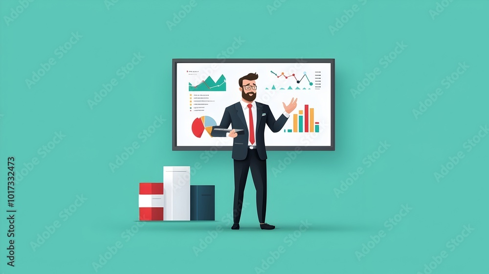 Executive Presenting Growth Strategy on Large Screen with Analytical Charts Flat Design Showcasing Corporate Data Visualization and Reporting for Business Success Executive Presenting Growth Strategy on Large Screen with Analytical Charts Flat Design Showcasing Corporate Data Visualization and Reporting for Business Success