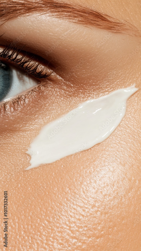 Fototapeta premium A high-resolution image of a woman applying anti-aging cream to her forehead to reduce wrinkles, with a neutral background and soft texture that emphasizes the face and skincare.