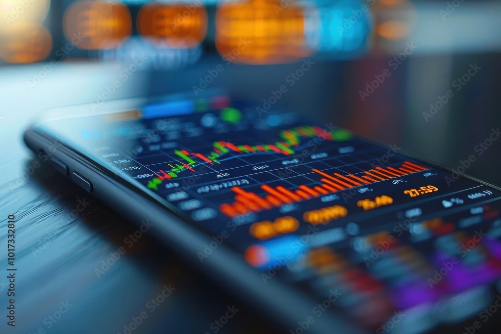 Close-up of a smartphone showing stock market charts and graphs, depicting financial data analysis and trading. Close-up of a smartphone showing stock market charts and graphs, depicting financial data analysis and trading.