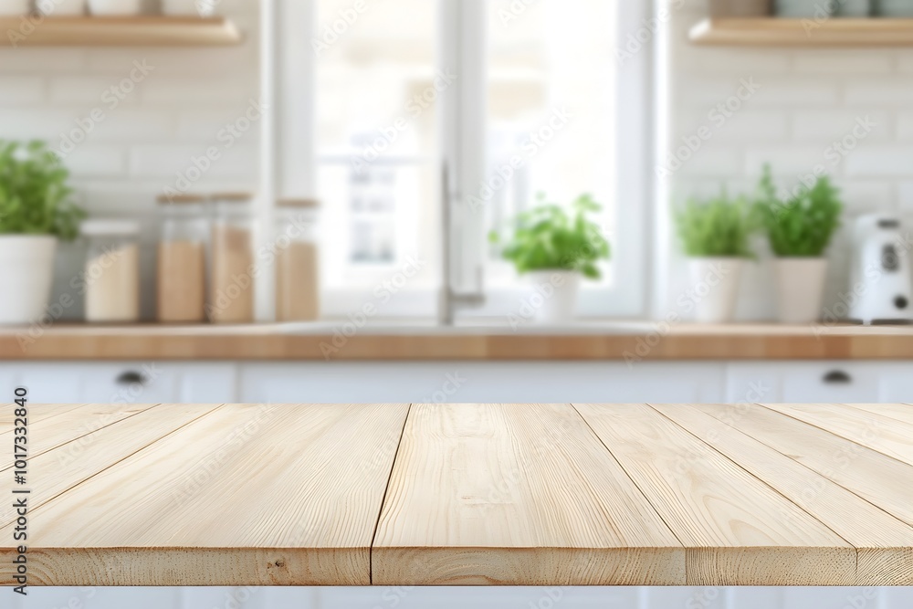 Empty Wooden Tabletop with Blurred Kitchen Bokeh Ideal for Product Display Montage Empty Wooden Tabletop with Blurred Kitchen Bokeh Ideal for Product Display Montage
