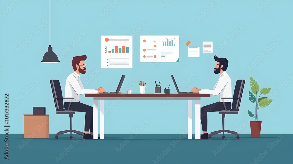 Fototapeta premium Business team working together analyzing financial charts and data in a flat design Concept of corporate meeting strategy planning data driven decision making and teamwork in the office environment
