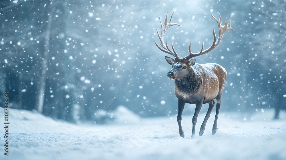 A Majestic Red Deer Buck Stands in a Snowy Forest A Majestic Red Deer Buck Stands in a Snowy Forest