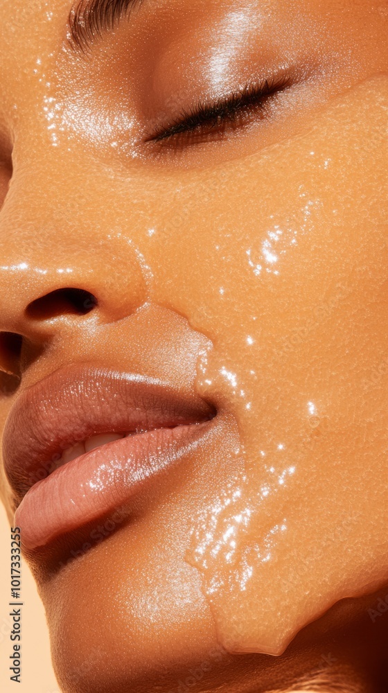 Fototapeta premium A woman with dry flaky skin applying a rich hydrating mask, focusing on her skin texture and the moisturizing process with a soft warm background for skincare.