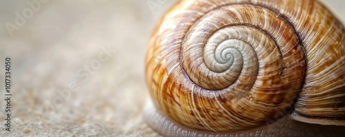 Closeup of a snail shell, zoomed in to reveal the spiral patterns and rough surface texture, with the soft focus on its slimy trail