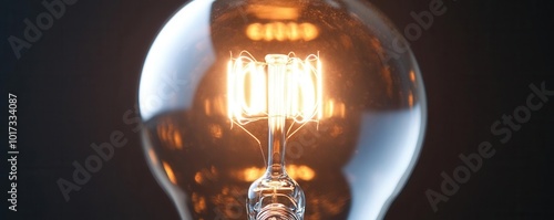 Closeup shot of a light bulb filament, zoomed in to reveal the fine wire coils glowing brightly within the bulb
