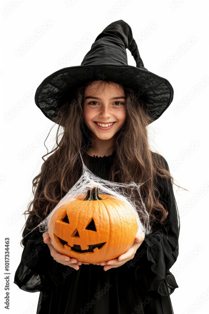 Isolated image of a female in witch costume holding a pumpkin Isolated image of a female in witch costume holding a pumpkin