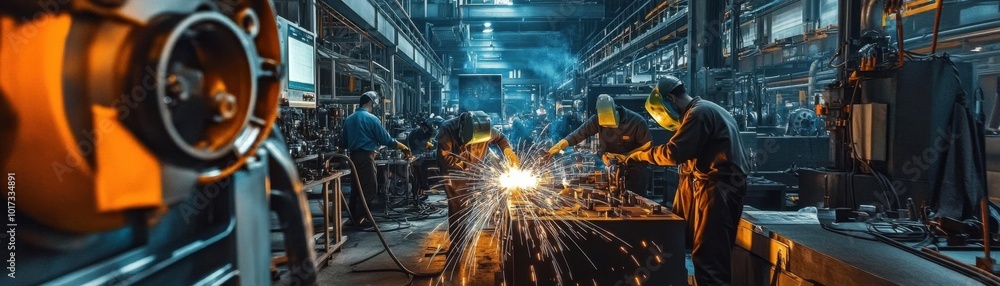 Show a group of laborers in a dimly lit factory, focused on assembling intricate machinery, sparks from welding machines illuminating the scene