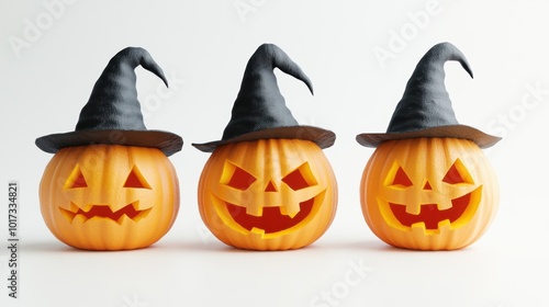 Halloween holiday carved pumpkin wearing witch hat isolated over white background