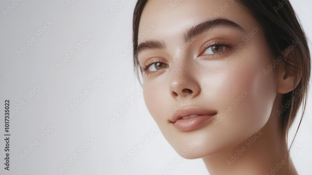 A model with soft, luminous skin looking at the camera with a relaxed expression, showcasing the results of a successful beauty clinic session, with minimalist decor A model with soft, luminous skin looking at the camera with a relaxed expression, showcasing the results of a successful beauty clinic session, with minimalist decor