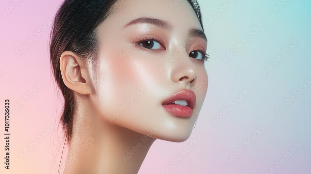 Asian model with porcelain skin and a glowing, even texture, gazing forward with a calm expression, against a pastelcolored background Asian model with porcelain skin and a glowing, even texture, gazing forward with a calm expression, against a pastelcolored background