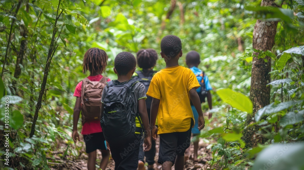 Group of Kenyan children exploring the forest together Full of excitement and curiosity in nature Group of Kenyan children exploring the forest together Full of excitement and curiosity in nature