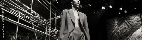 Fashion week model in a deconstructed blazer and wideleg pants photo