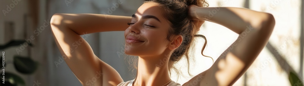 Female model postyoga session, casual pose, sunlit room, relaxed and healthy look, smiling and peaceful Female model postyoga session, casual pose, sunlit room, relaxed and healthy look, smiling and peaceful