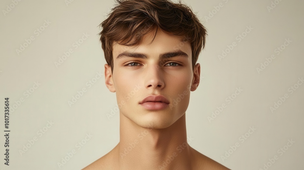 Male model with a matte yet healthy skin finish, no visible imperfections, wearing a soft, neutral expression, standing in front of a minimal, offwhite background Male model with a matte yet healthy skin finish, no visible imperfections, wearing a soft, neutral expression, standing in front of a minimal, offwhite background