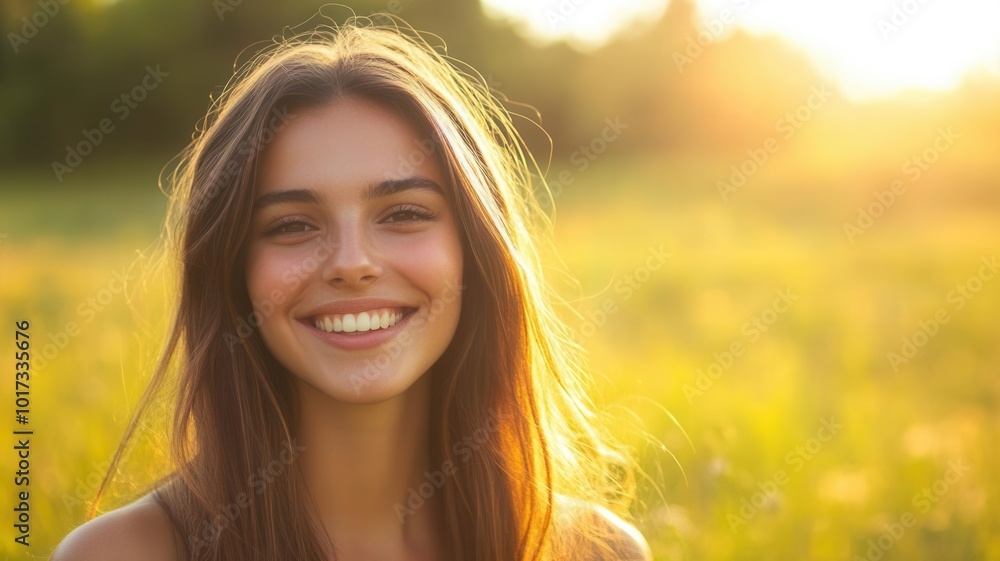 Portrait of a smiling woman with long hair, outdoors in a sunlit field, soft focus background, radiating health and wellbeing