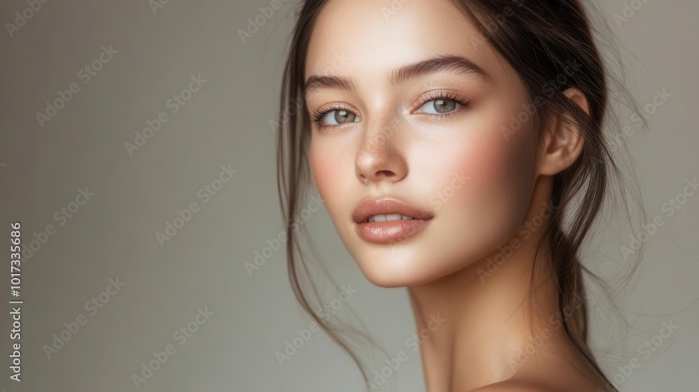 Portrait of a young woman with glowing skin and natural makeup, looking confident and healthy, neutral background, soft lighting Portrait of a young woman with glowing skin and natural makeup, looking confident and healthy, neutral background, soft lighting