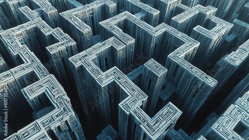 A worms-eye view of a towering, intricate maze symbolizing trade restrictions, rendered in a surreal digital art style photo