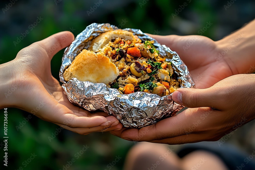 Visually Hungry Hyper-realistic close-up of hands offering food to a hungry person ...