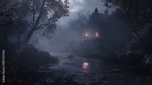 A dark, atmospheric scene of a misty landscape with a distant house.