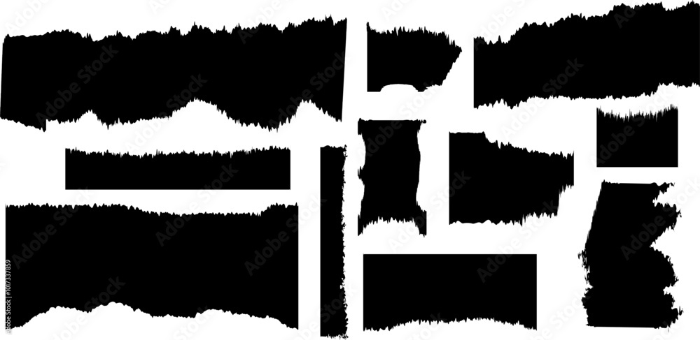 Ripped piece black papers torn blank pages jagged rectangle shapes. Torn pages with uneven texture vectors. Ripped piece black papers torn blank pages jagged rectangle shapes. Torn pages with uneven texture vectors.