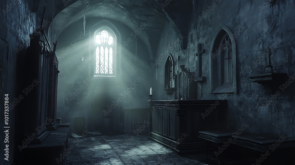 Dimly lit chapel with beams of light and gothic architecture.