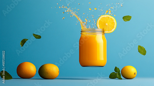 A glass jar of freshly squeezed orange juice with a splash of juice and lemon slice.