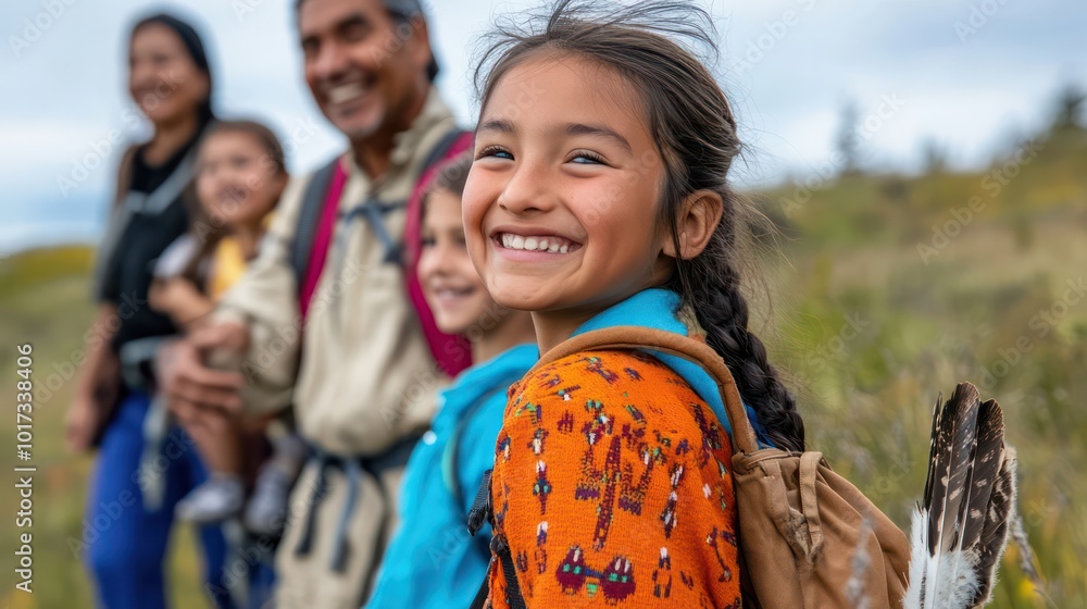 A Native American family embarking on an adventurous hike, smiling with joy as they explore nature together A Native American family embarking on an adventurous hike, smiling with joy as they explore nature together