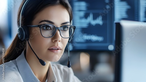 Close up view of a focused technical support dispatcher working diligently at her computer station