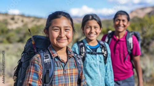 A Native American family embarking on an adventurous hike, smiling with joy as they explore nature together