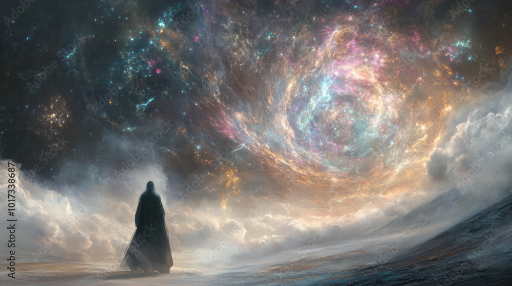 Hooded figure standing in a vast landscape, gazing at a swirling, colorful cosmic vortex in the sky Hooded figure standing in a vast landscape, gazing at a swirling, colorful cosmic vortex in the sky
