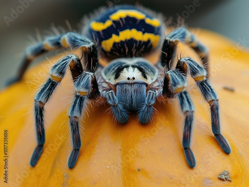 Striped knee tarantula on pumpkin indoors closeup photo