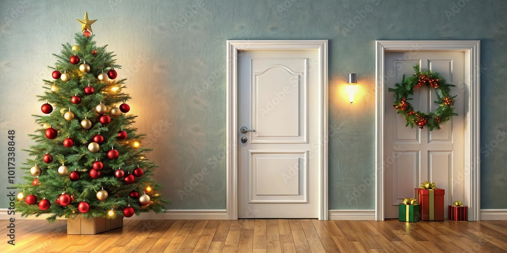 Fototapeta premium A Festive Christmas Tree Stands Beside Two Doors Adorned with a Wreath and Gifts, Illuminating the Wooden Floor with Warm Holiday Cheer